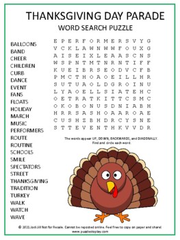 Thanksgiving Day Parade Word Search Worksheet Puzzle Holiday Activity Game