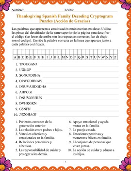 Preview of Thanksgiving Day Spanish Decoding Cryptogram La Familia Spanish Family Unit