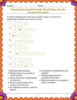 Preview of Thanksgiving Day Spanish Word Shapes Puzzle La Familia Spanish 38 Clues