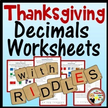 Preview of Thanksgiving Decimals Worksheets w/ Riddles Print & Digital Decimal Activities