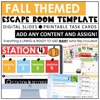Preview of Thanksgiving Digital Escape Room and Printable Task Cards for Fall