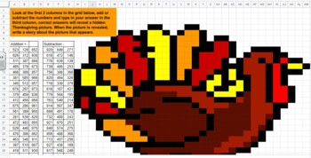 Preview of Thanksgiving Digital Pixel Art 3-digit Addition and Subtraction Mystery Picture