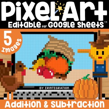 Preview of Thanksgiving Digital Pixel Art Math Addition and Subtraction on Google Sheets