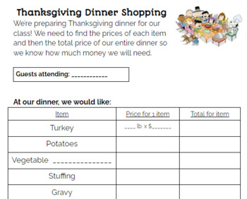Preview of Thanksgiving Dinner Math