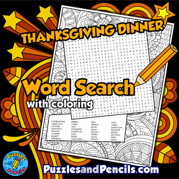 Preview of Thanksgiving Dinner Word Search Puzzle Activity Page with Coloring | Give Thanks