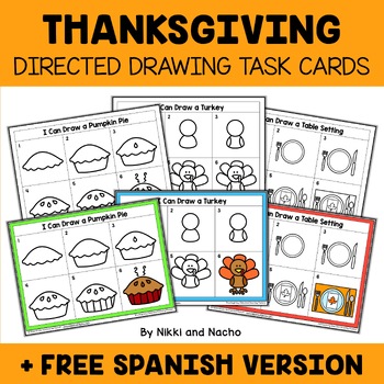Preview of Thanksgiving Directed Drawing Task Card Activities + FREE Spanish