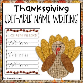 Preview of Thanksgiving Editable Name Writing Practice