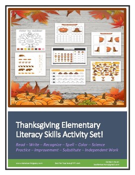 Preview of Thanksgiving Elementary Literacy Skills Activity Worksheet Set!