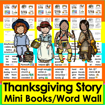 Thanksgiving Activities: Mini Books:  3 Levels + Illustrated Word Wall Cards