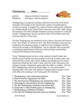 Preview of Thanksgiving Cultural Reading - (Pilgrims, Mayflower) ESL / EFL / ELL