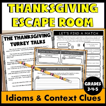 Preview of Thanksgiving Escape Room ELA Context Clues With Idioms Grades 3 4 5