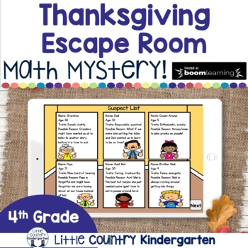 Preview of Thanksgiving Escape Room Fourth Grade Math Digital BOOM Cards Version