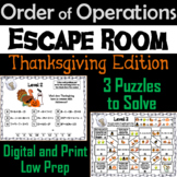 Thanksgiving Escape Room Math: Order of Operations Game (4th 5th 6th 7th Grade)