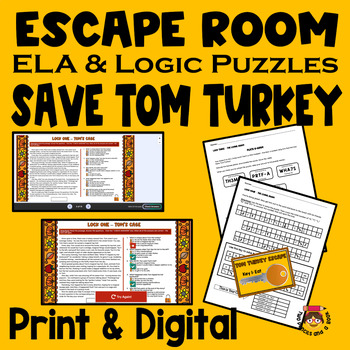 Preview of Thanksgiving Escape Room Print & Digital: Reading Comprehension, Logic & More