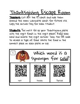 Thanksgiving Escape Room Synonyms And Antonyms