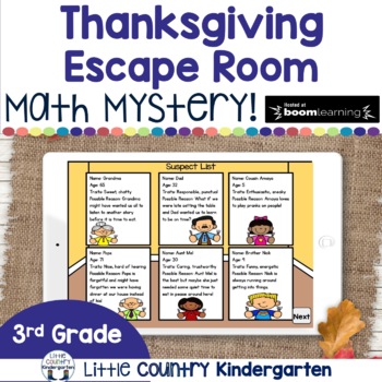 Preview of Thanksgiving Escape Room Third Grade Math Digital BOOM Cards Version