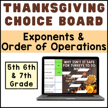 Preview of Thanksgiving Exponents & Order of Operations | Math Mystery Digital Choice Board