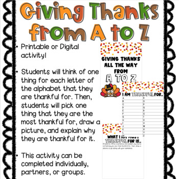 Preview of Thanksgiving FREEBIE! Giving thanks from A to Z.
