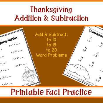 Preview of Thanksgiving Fact Fluency Addition and Subtraction to 10, to 20