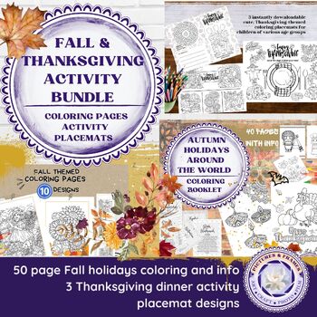 Preview of Thanksgiving / Fall Holidays Coloring & Activity Bundle - 53 Pages