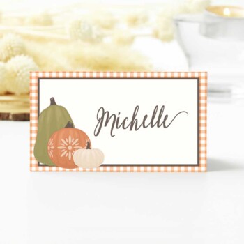 Preview of Thanksgiving & Fall Place and Tent Cards with Pumpkins on Gingham Background