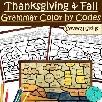 Preview of 3rd Grade Thanksgiving/Fall Grammar Parts of Speech Color by Code Activities