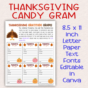 Preview of Thanksgiving Fall Turkey Candy Gram Template, School Candy Gram, Fundraiser PTO