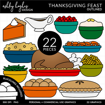 Thanksgiving Feast Clipart - Outlined by Ashley Hughes Design | TPT