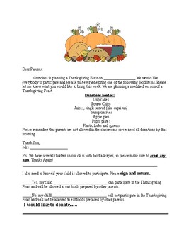 Preview of Thanksgiving Feast Letter to Parent