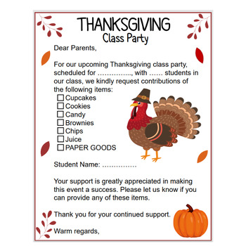 Preview of Thanksgiving Feast Letter to Parents - Class Party (Editable)