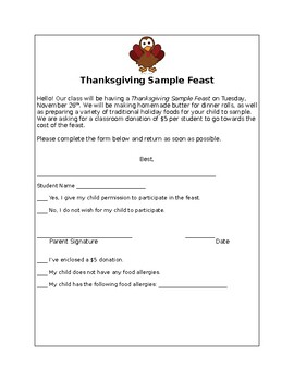 Preview of Thanksgiving Feast Parent Letter