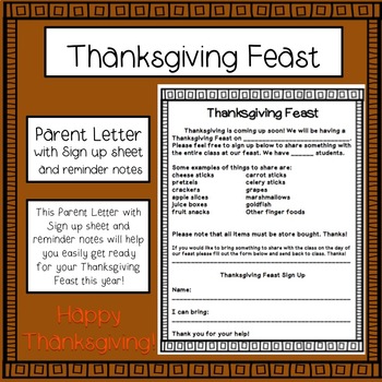 Preview of Thanksgiving Feast Parent Letter and Sign Up Sheets