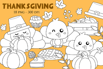 Preview of Thanksgiving Feast party Holiday Bird Turkey -Black White Outline -Digital Stamp