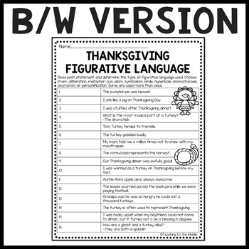 Thanksgiving Figurative Language Worksheet, November ...