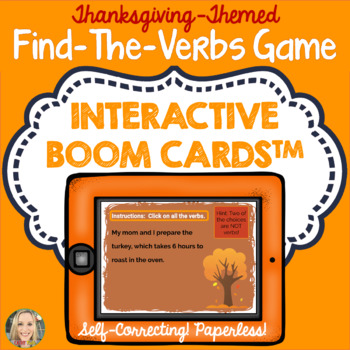 Preview of Thanksgiving Find the Verbs Game, Boom Cards™, Grammar in Context