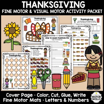 Preview of Thanksgiving Fine Motor & Visual Motor - Color, Write, Cut, Glue