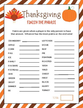 Free Printable Thanksgiving Finish the Phrase Game