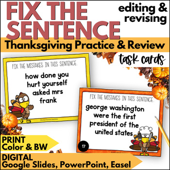Preview of Thanksgiving Fix the Sentence Task Cards - Editing & Revising Practice & Review