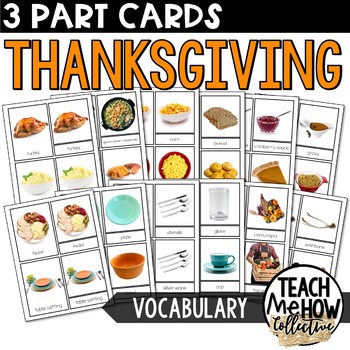 Preview of Thanksgiving Flashcards, Fall NovemberTheme, Montessori 3 Part Cards, Vocabulary