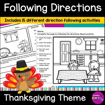Preview of Follow Directions Listening Comprehension Activities Thanksgiving Coloring Pages