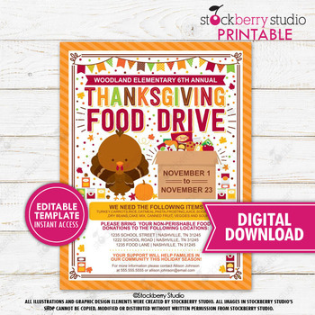 Preview of Thanksgiving Food Drive Flyer Printable Fall Donation Fundraiser PTO PTA School