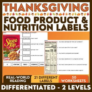 Preview of Thanksgiving Food Product & Nutrition Labels - Functional Reading