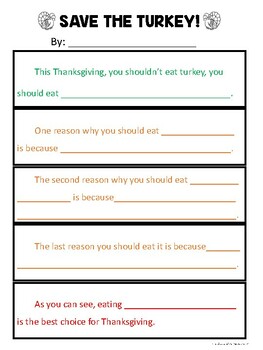 Preview of Thanksgiving Food & Save The Turkey Opinion Writing Paper & Prompts FREEBIE