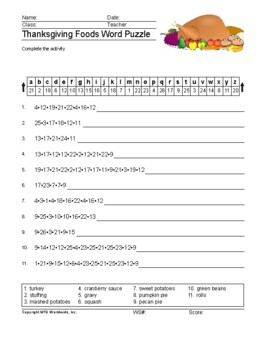 Thanksgiving Foods Word Search and Vocabulary Scramble Puzzle Worksheets