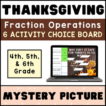 Preview of 4th 5th 6th Grade Math ⭐ Fraction Operations ⭐ THANKSGIVING Mystery CHOICE BOARD