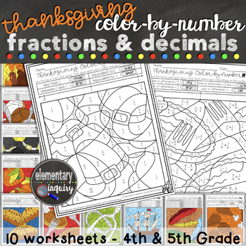 Preview of Thanksgiving Fractions and Decimals Math Activity Color by Number Worksheets