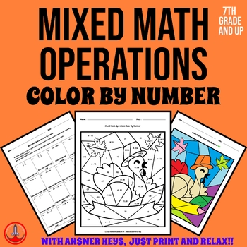Preview of Thanksgiving Middle School Mixed Math Operations Color by Number 7th 8th 9th