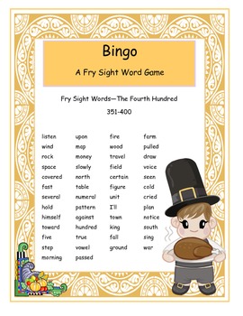 Preview of Thanksgiving Fry Words 351-400 Sight Words Bingo Game