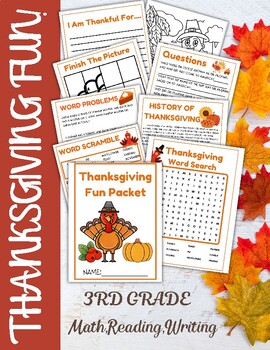 Preview of Thanksgiving Fun Packet 3rd Grade, Printable Worksheets, Math, ELA