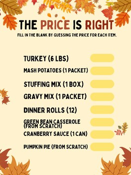 Thanksgiving the Price is Right Game Thanksgiving Trivia 